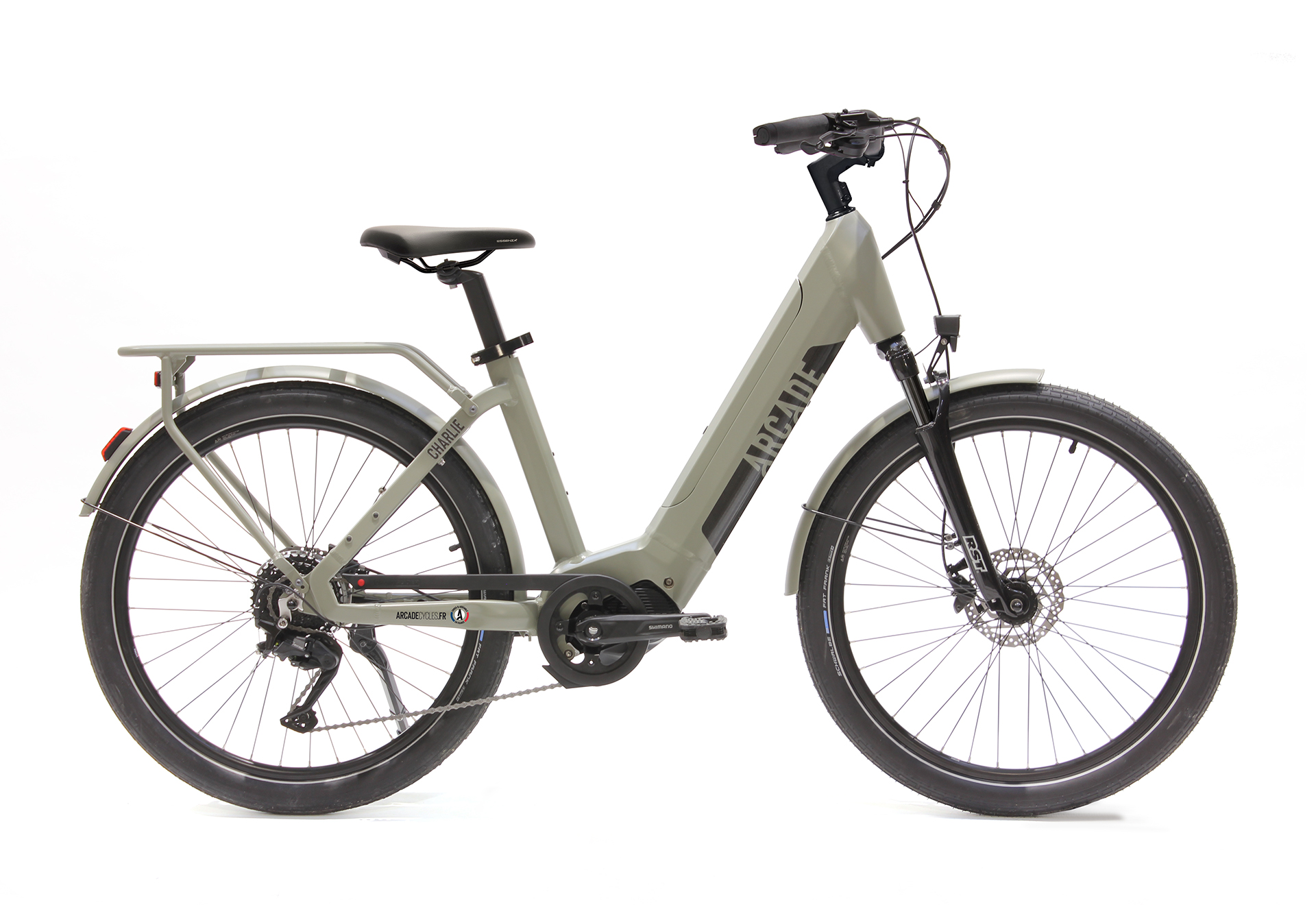 Bicicletă electrică de oraș Arcade Charlie, gri, pe fundal alb